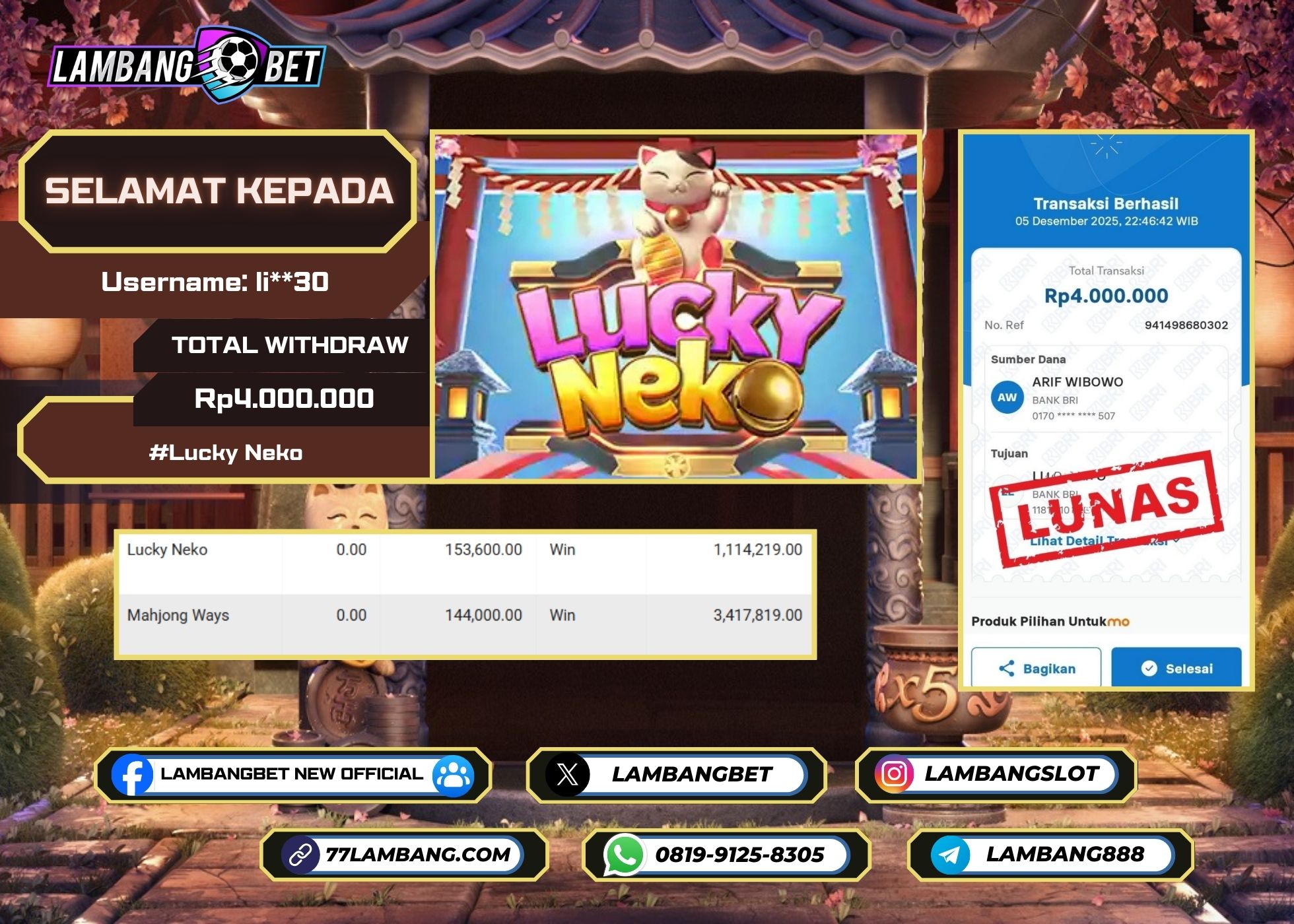 LAMBANGBET [5 DESEMBER 2025] JACKPOT SLOT Lucky Neko "Rp4.000.000" LUNAS